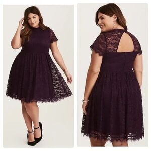 Torrid Women's Skater Dress Size 24 / 3X Deep Purple High Neck Lace Keyhole Back